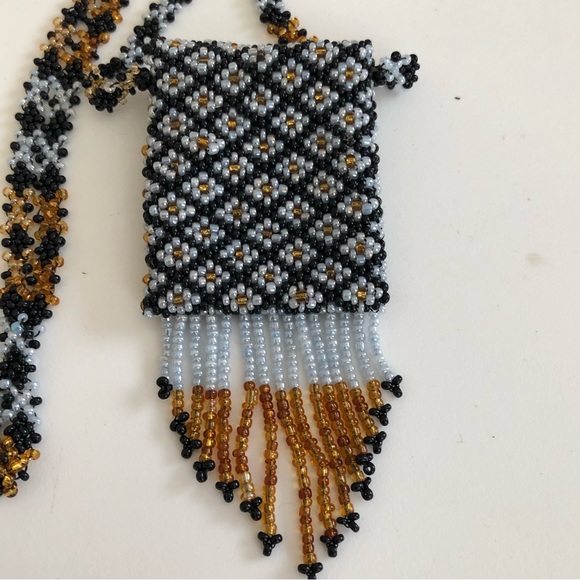 Southwestern Blue/Brown Beaded Medicine Bag Necklace NWOT - Picture 3 of 3